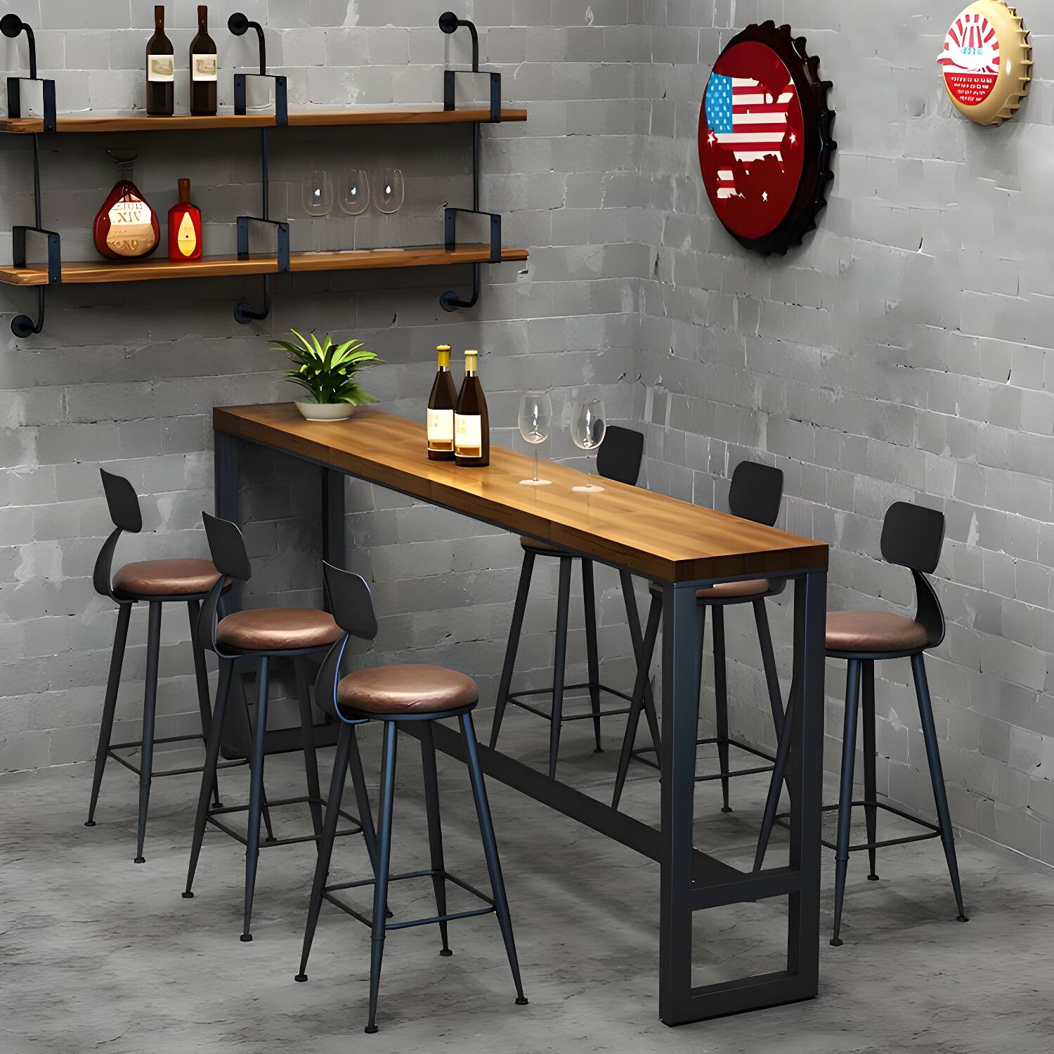Industrial Solid Wood Rectangular Bar Height Table with Metal Trestle Base