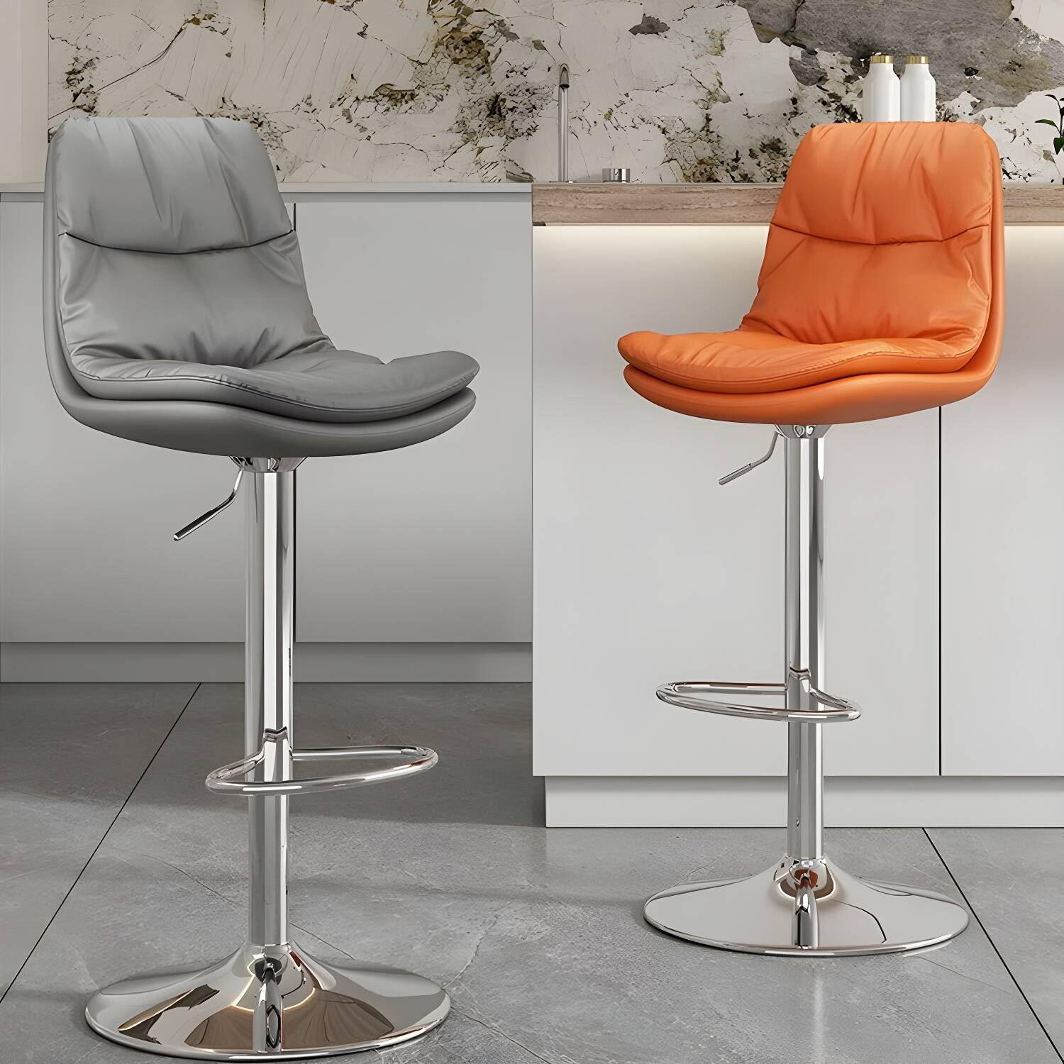 Contemporary Adjustable Height Faux Leather Pub Stool with Metal Base