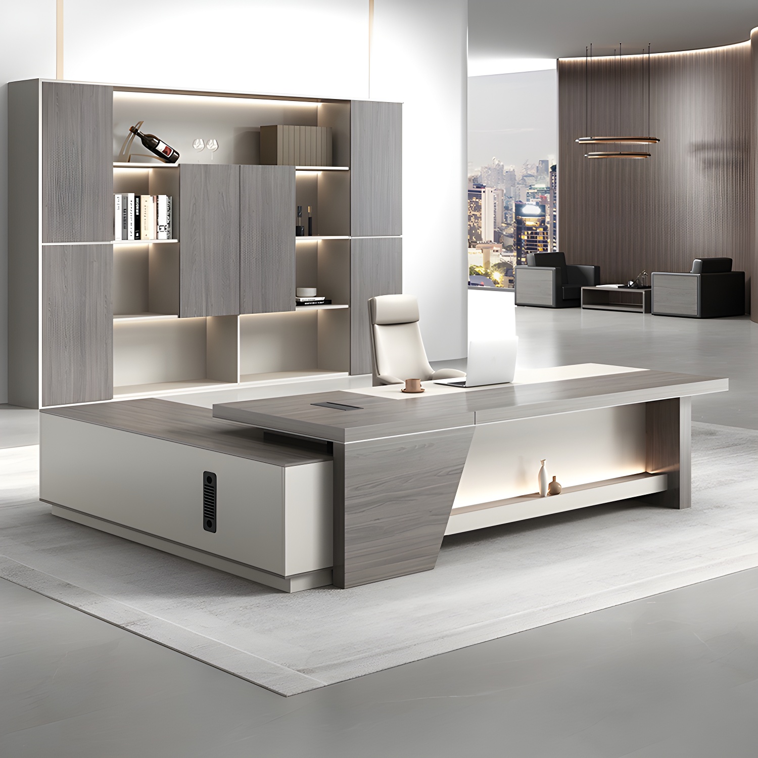 Wood Desktop Executive Desk with Cable Management and Storage Shelf