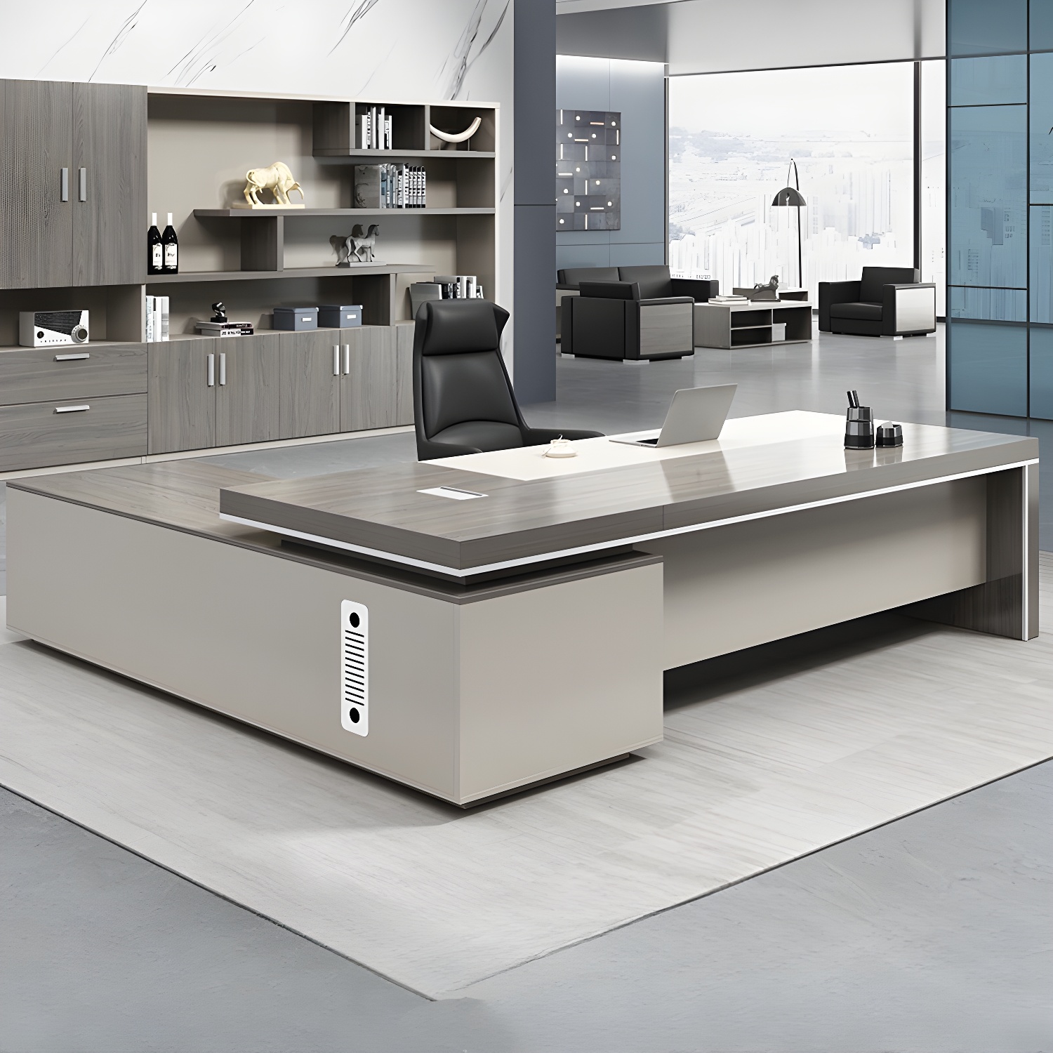 Contemporary Wooden Frame L-Shape Executive Desk with Cable Management