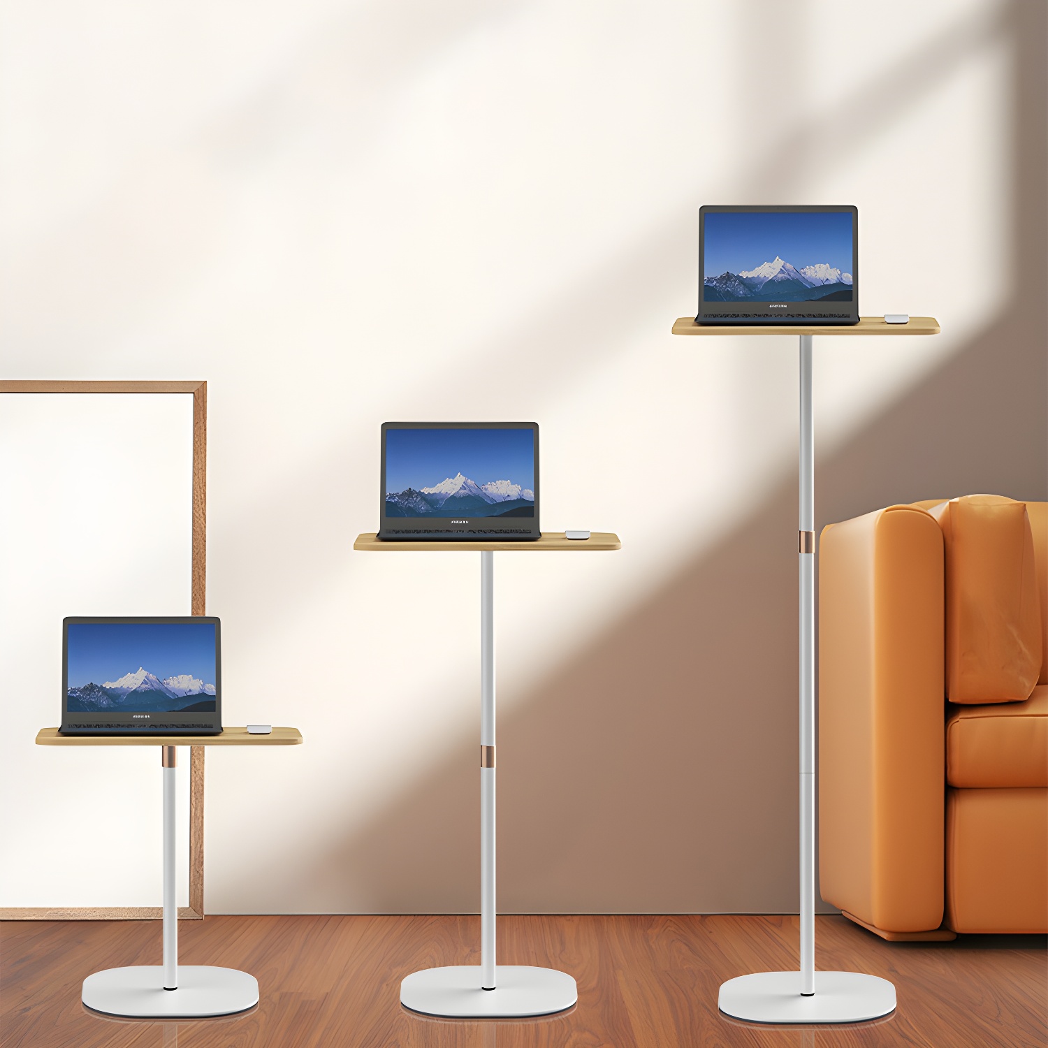 Liftable Rounded Corners Laptop Cart & Stand Natural Wood Colour