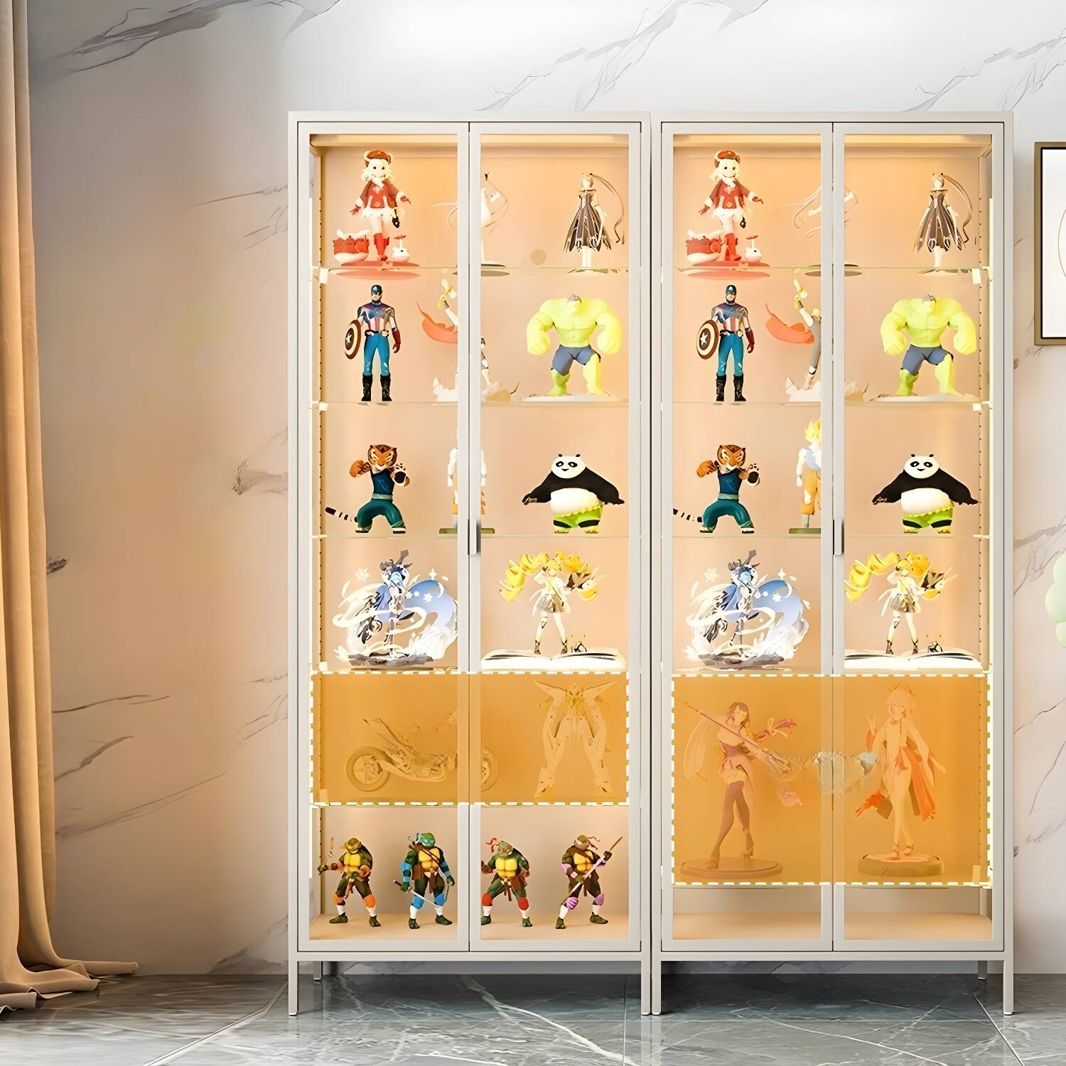 Metal Modern Glass Door Adjustable Curio Cabinet with Lighting