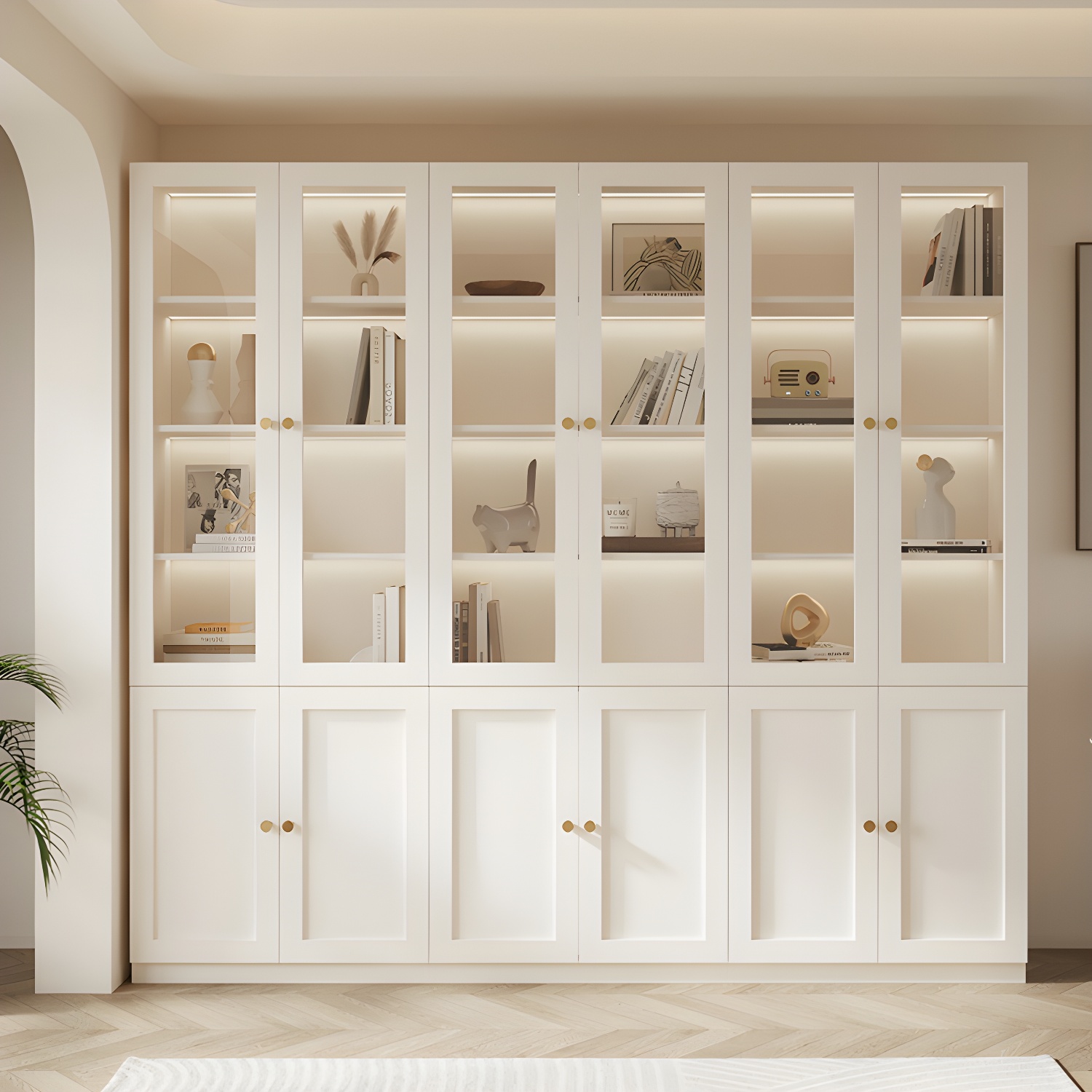 Simplistic Standard Polar White Adjustable Manufactured Wood Display Stand With Glass Doors