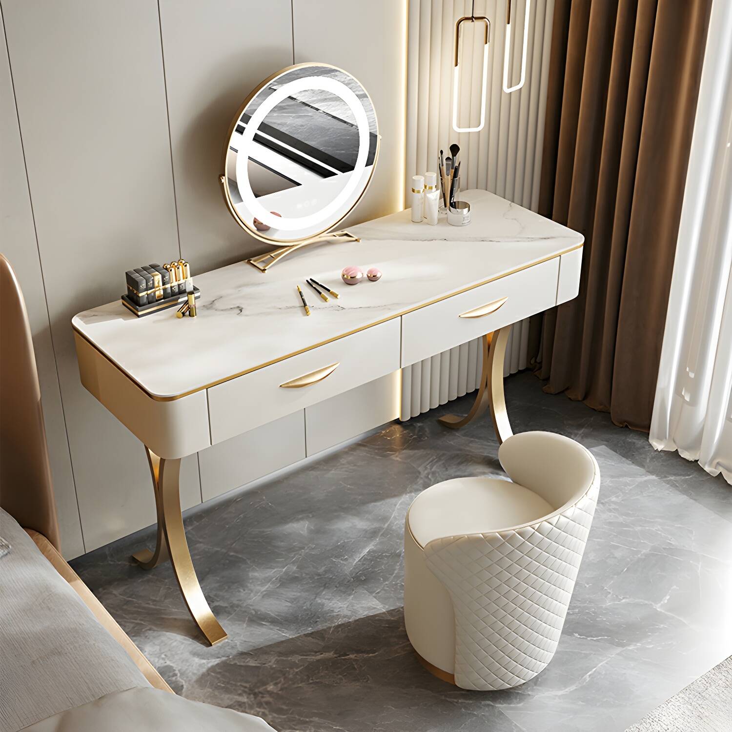 White Slate Tabletop Rectangular Dressing Table with Golden Metal Legs