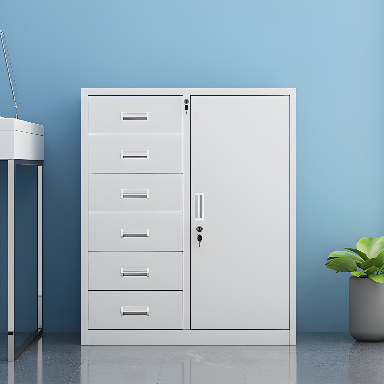 Art Deco Steel Frame Cabinet with Door in White for Home Or Office