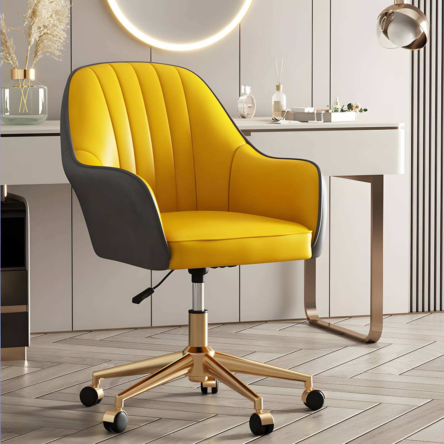 Contemporary Leather Swivel Desk Chair with Wheels for Office