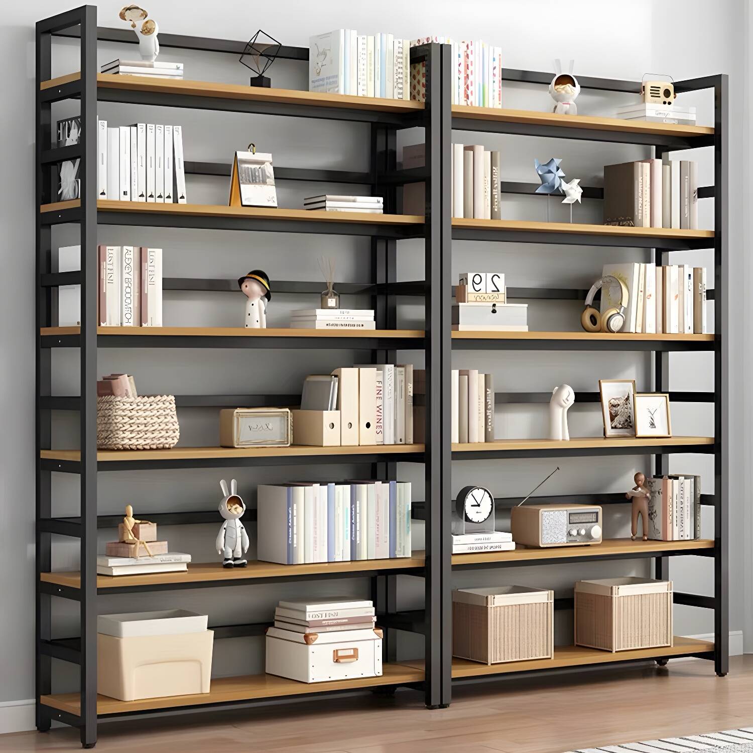 Modern Metal Display Stand with Wooden Shelves and Open Storage