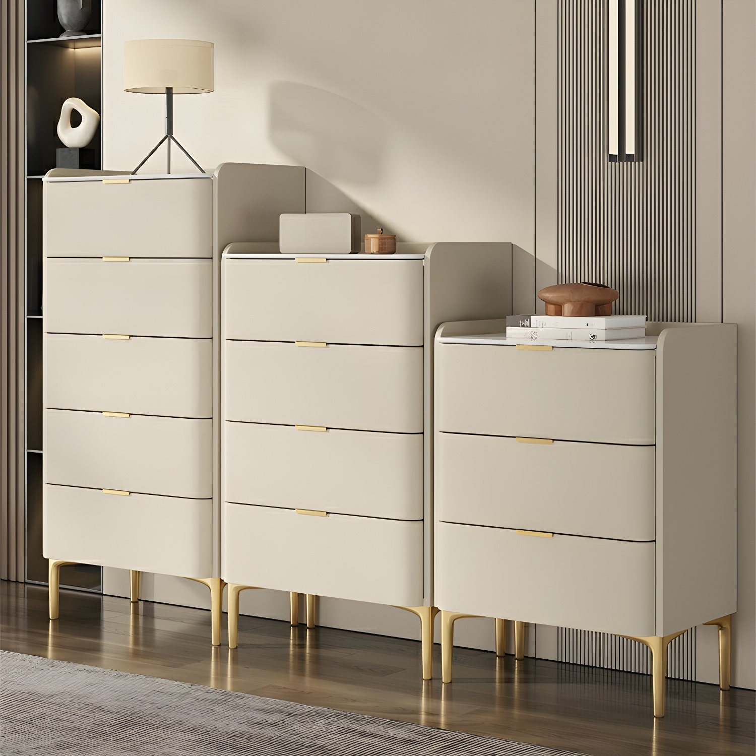 Art Deco Vertical Semainier/Bachelor Chest with Sintered Stone Countertop and Golden Legs