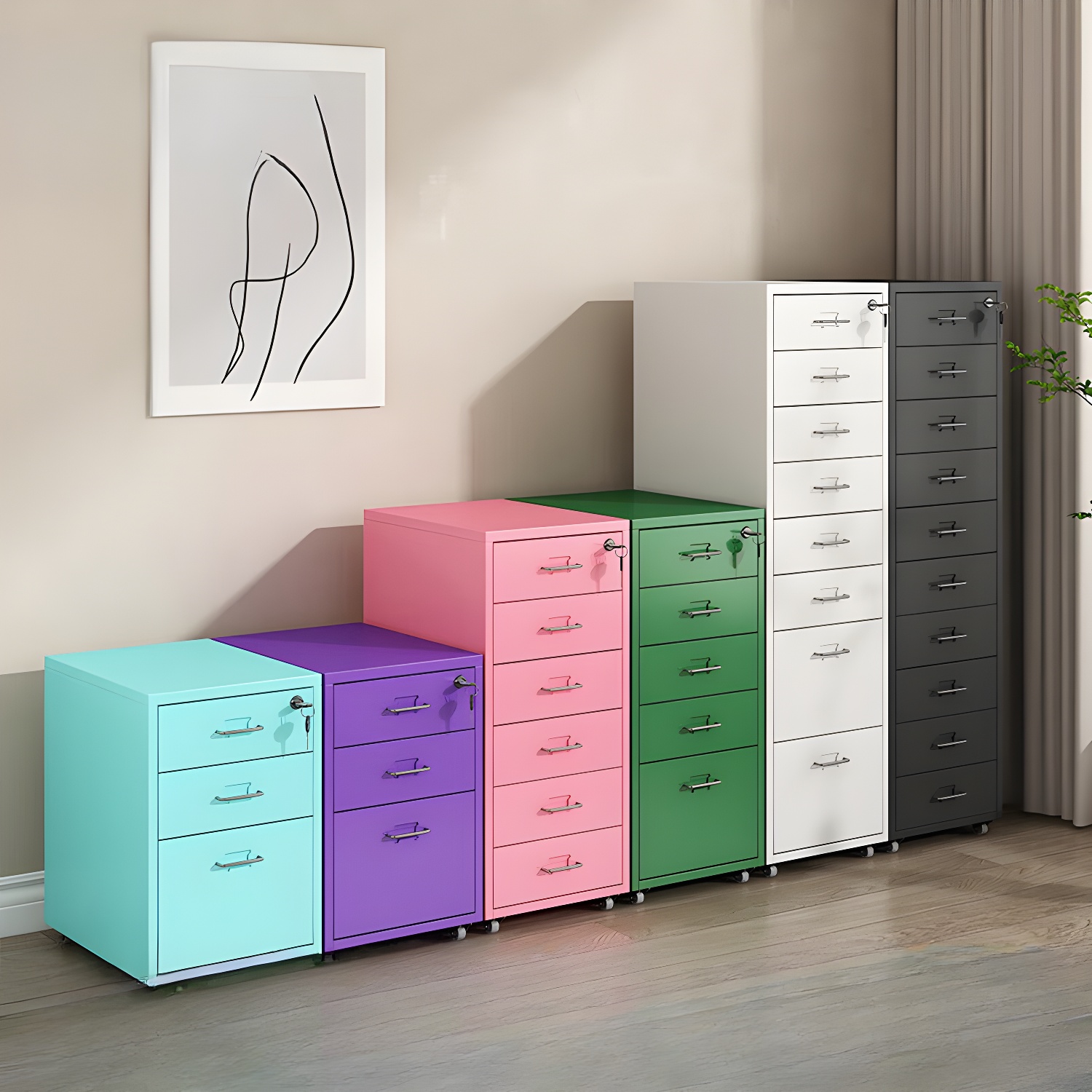 Modern Mobile Key Locking Filing Cabinet with Drawers in Metal Frame