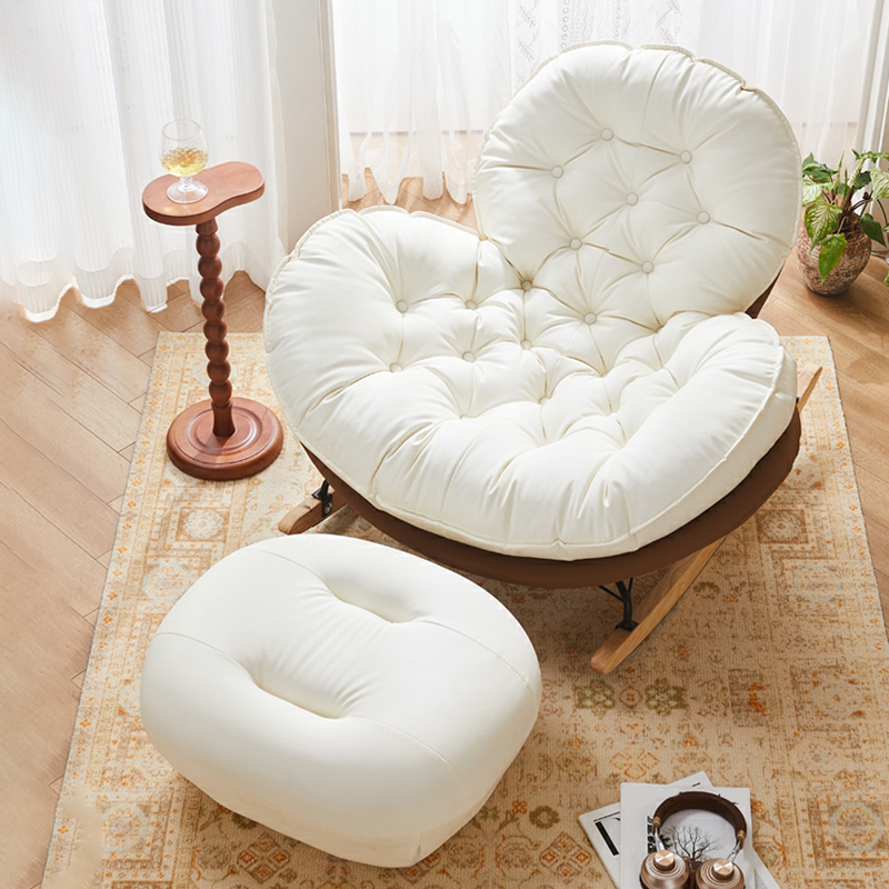 Minimalist Metal Upholstered Indoor Rocking Chair with Ottoman and Spindle Back , Recessed Arm and Natural Wood Finish