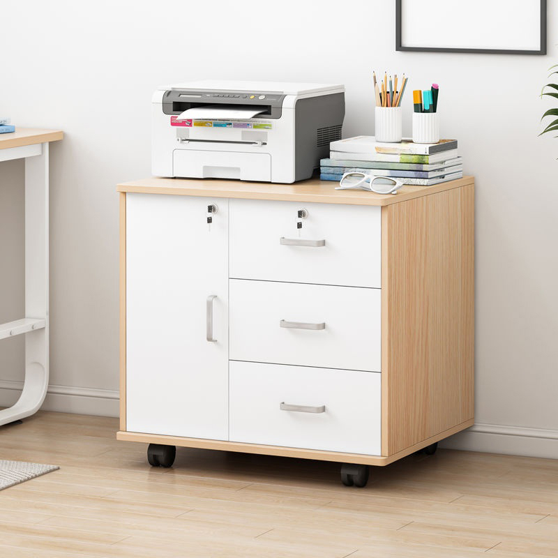 Lateral Filing Cabinet in Wood with Key Lock, Rollers and 3 Shelves/1 Shelf in a Minimalist Style