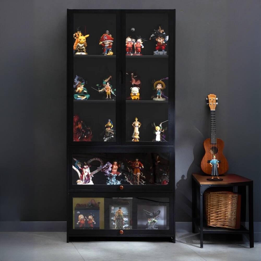 Contemporary Full Overlay Freestanding Enclosed Curio Cabinet with Functional Storage Cabinet and 6 Shelves/4 Shelves