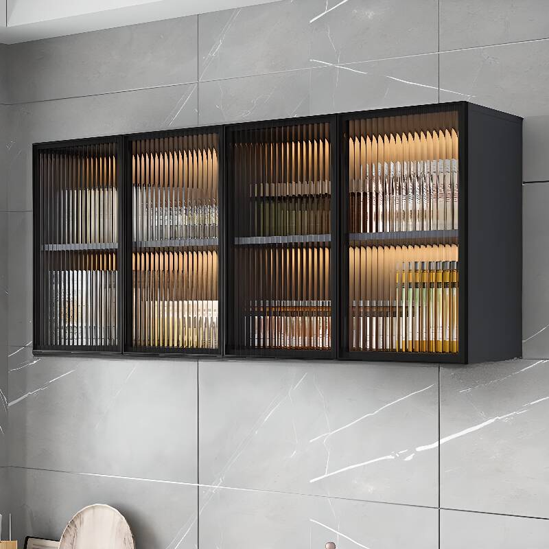 Glass Doors Solid Wood Wall Mount Display Stand with 2 Shelves for Small Kitchen in a Modish Style