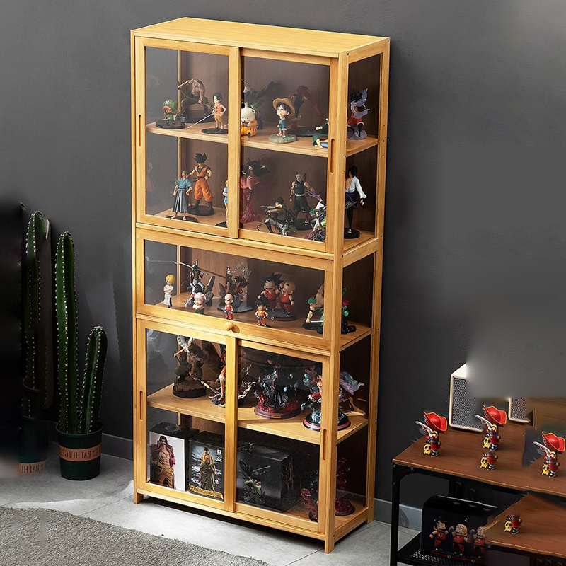Full Overlay Freestanding Enclosed Curio Cabinet in Bamboo with Acrylic Doors, Storage and 6 Shelves/5 Shelves in a Simple Style
