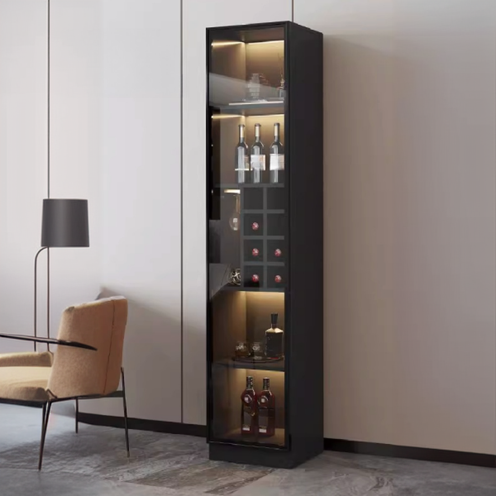 Flooring Confined Self-supporting Accent Cabinet in Wood with Glass Door, Locker, 5 Shelves and Culinary Equipment Storage for Drawing Room in a Modish Style