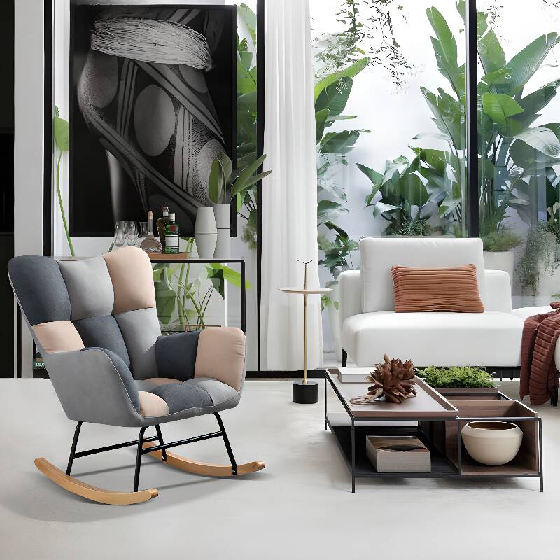 Modish Upholstered Cushioned Rocking Accent Chair 2 Piece Set with Footstool & Recessed Arm, Scratch-tolerant