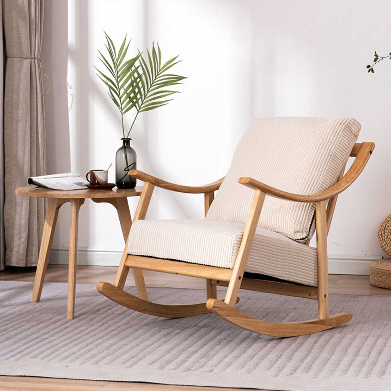 Old Fashioned Solid Wood Bedroom Rocking Chair with Ottoman, Green/Gray/Beige