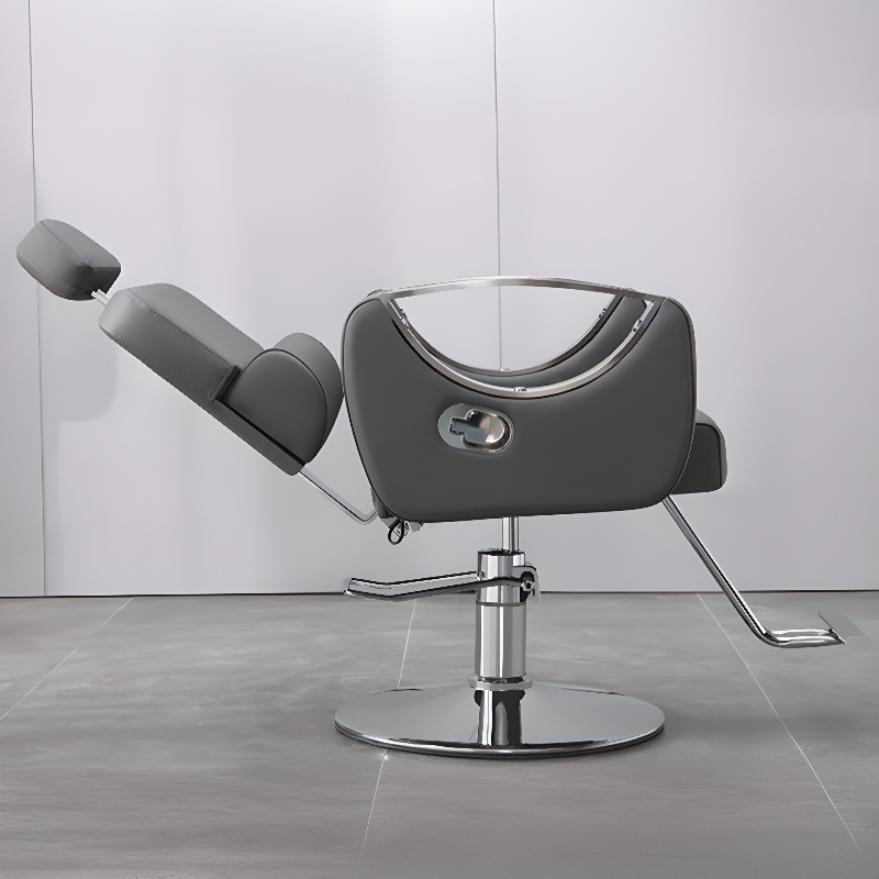 Height-adjustable Grey/Cream Barber Chair with Soft Back and Scratch-proofed Rotating/Reclining Features