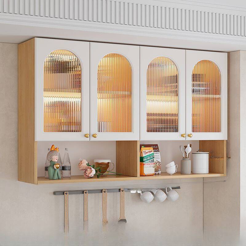 Self-supporting Wall Mount Wood Kitchen Gadget Storage Above Fridge Cabinet with Container and Unenclosed Storage for Cooking Area