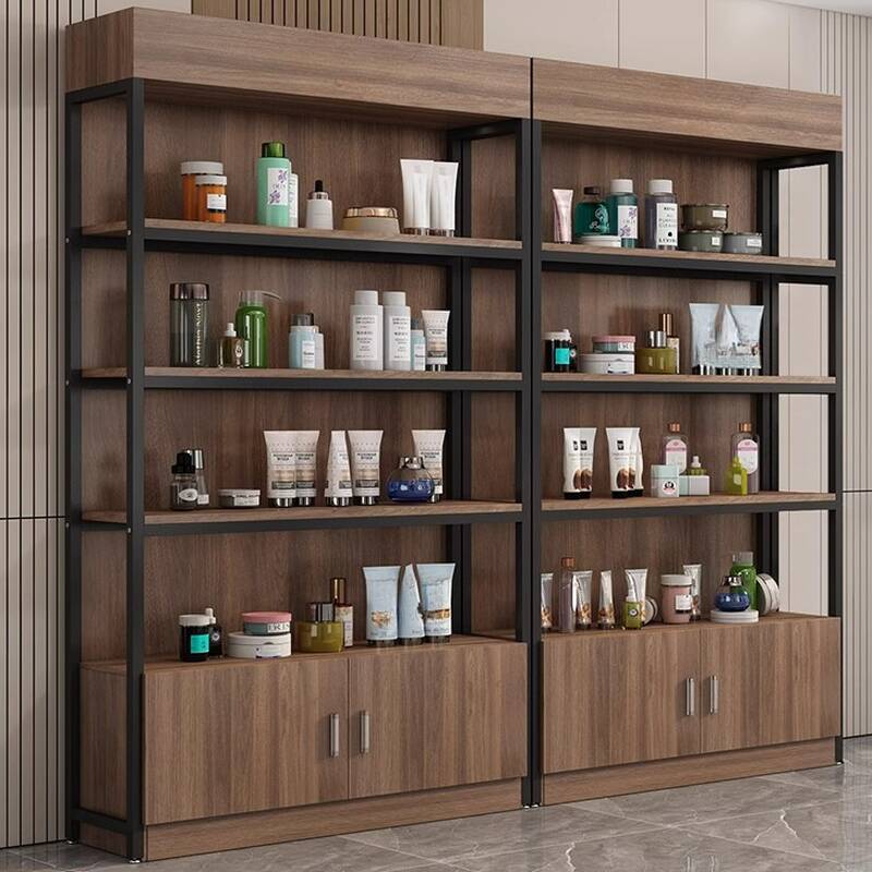 Sepia Slab Display Stand with Stockroom Storage, 5 Shelves, Exposed Storage, and Detached Design