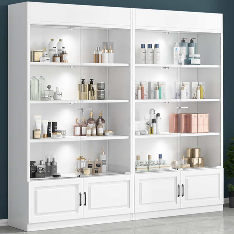 Pale Wood Finish Display Stand with Stockroom, 5 Shelves, Sealed Cabinet, Independent and Encased with Flush Overlay