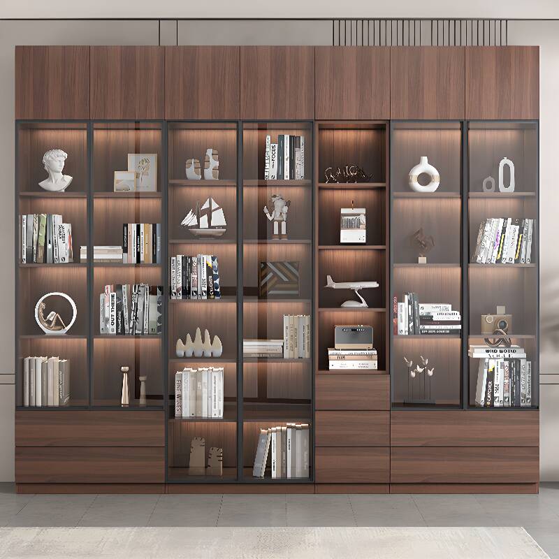 Solid+Engineered Wood Display Stand in Amber Wood with Compartment Drawers, 6 Shelves, Independent and Encased, Flush Overlay