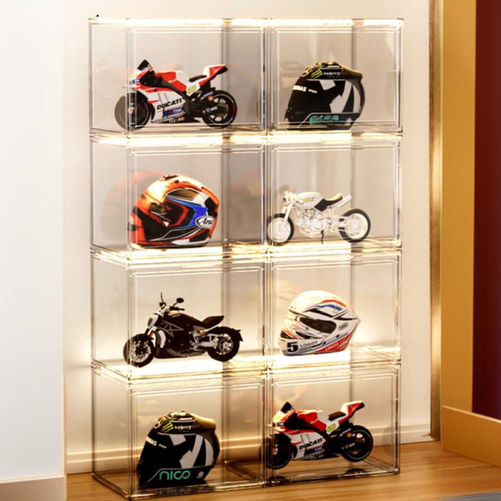 Transparent Polymer Compound Standard Display Stand with 1 to 3 Cabinets, 1 to 3 Shelves, 1 to 3 Doors, and Illumination Light