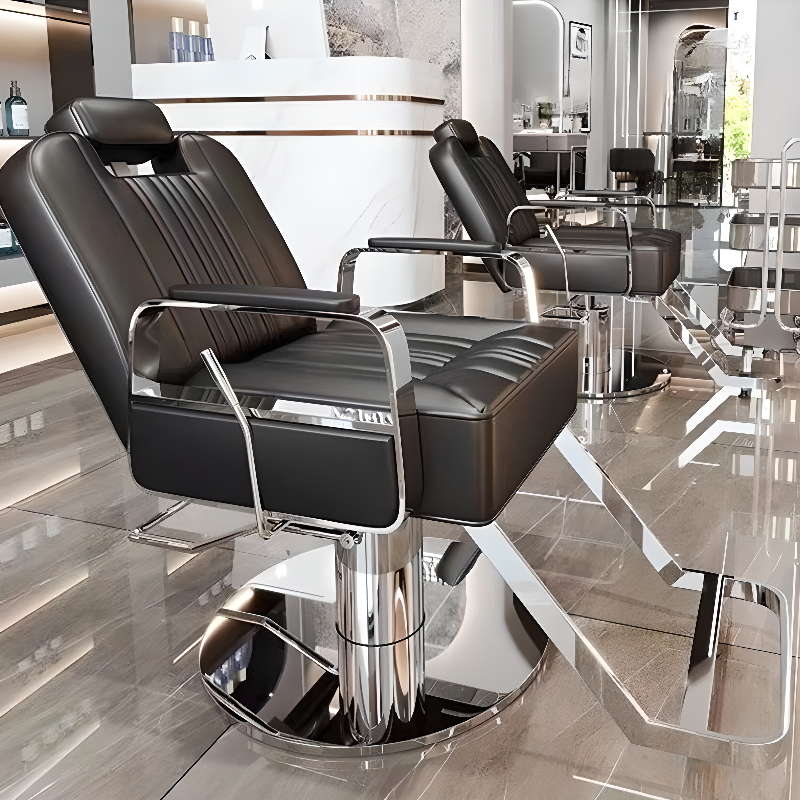 Stainless Alloy Ink Damp-proof Reclining Striped Barber Chair with Closed Back, Manual Recline