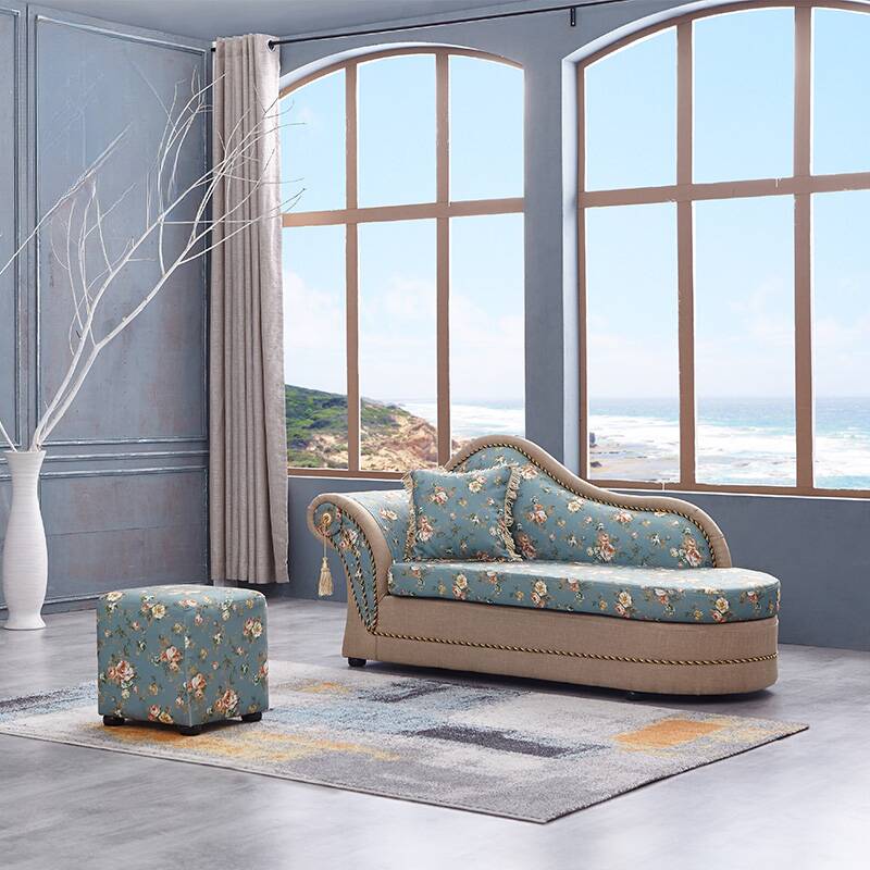 Ergonomic Standalone Padded Floral Azure Bedroom Chaise in a Retro Style