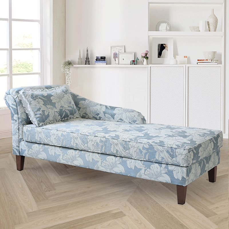 Self-supporting Flower-patterned Navy/Beige Plush Overstuffed Chaise Lounge Sofa with Right-hand Piece/Left-hand Piece