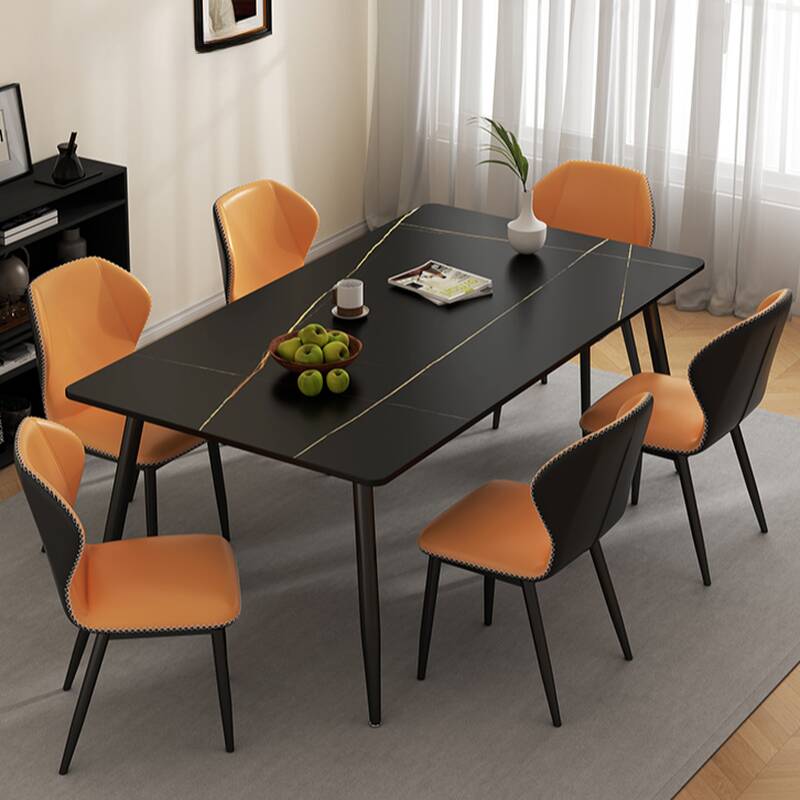 Elegant Dining Table Set for 6 with Rectangle Slate Top, 4 Legs, and Padded Upholstered Chairs