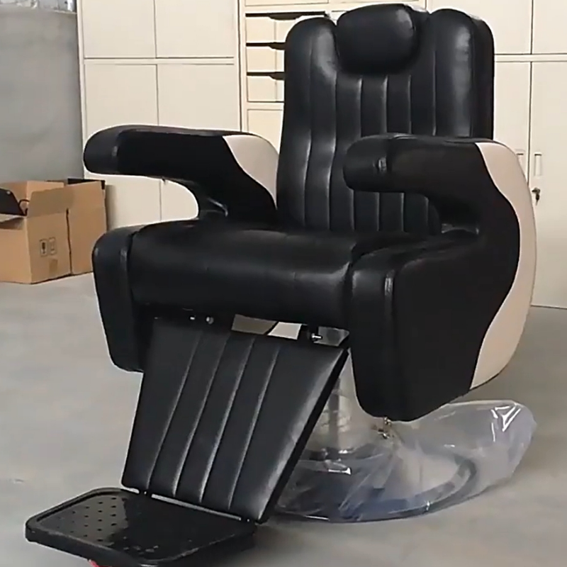 Metal Scratch-immune Striped Manual Recline Barber Chair with Upholstered Leather & Enclosed Back