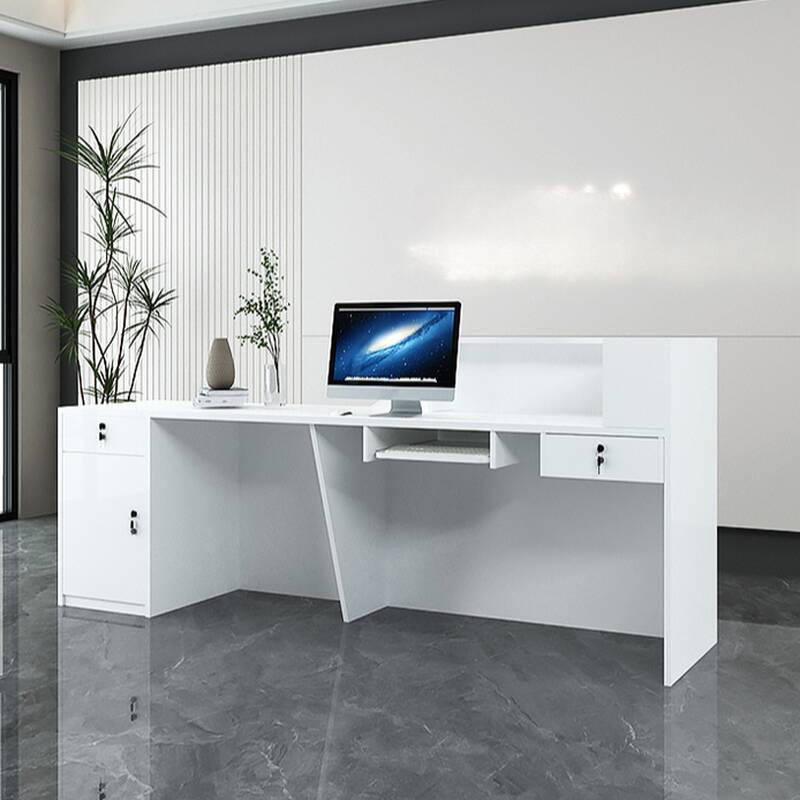 Manufactured Wood Top Wood Colour/Vermilion/Lemon Colour Reception Desk with Hutch, Keyboard Tray, Filing Cabinet & Locked Cabinet