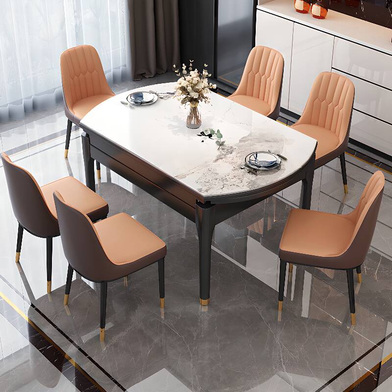 Trendy Chalk Stone Dining Table Set with Four Legs and Retractable Leaf, Dining Table for 4/Dining Table for 6