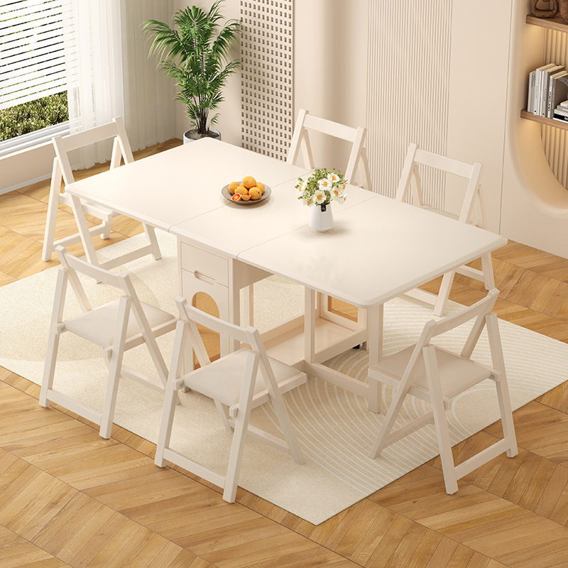 Solid Wood Beige Dining Table Set with Table Flap for 6 or 4 People