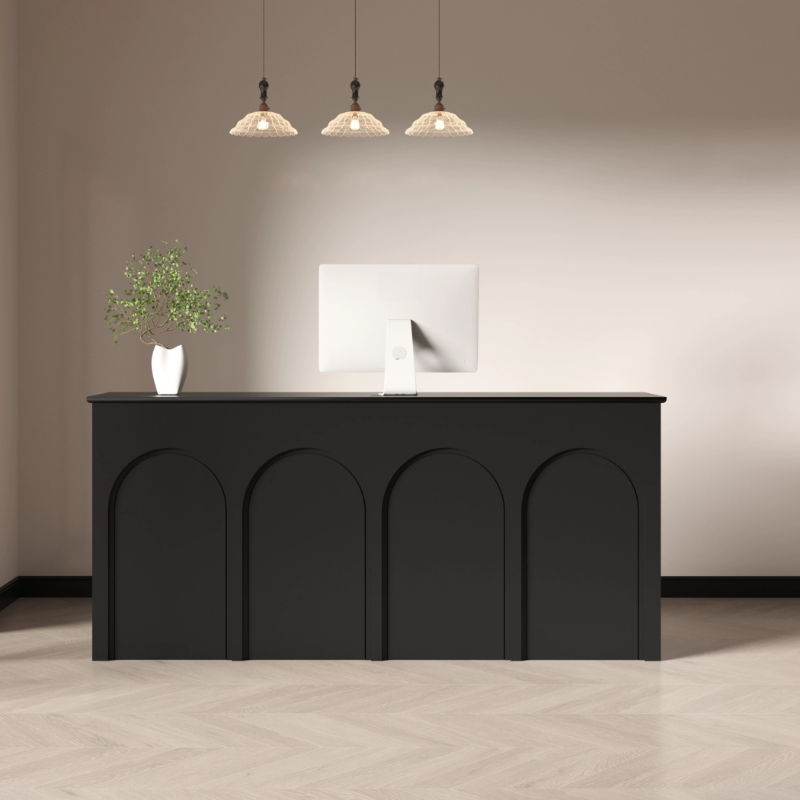Casual Rectangular Manufactured Wood Top Matte Black/Cocoa Reception Desk with 3 Drawers, Locker, Cable Management & Keyboard Tray