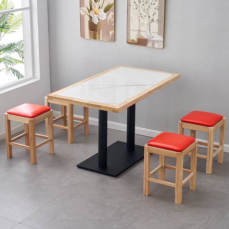 Elegant White Slate Dining Table Set with Trestle Base, Fixed Mechanism, Padded Chairs for 4