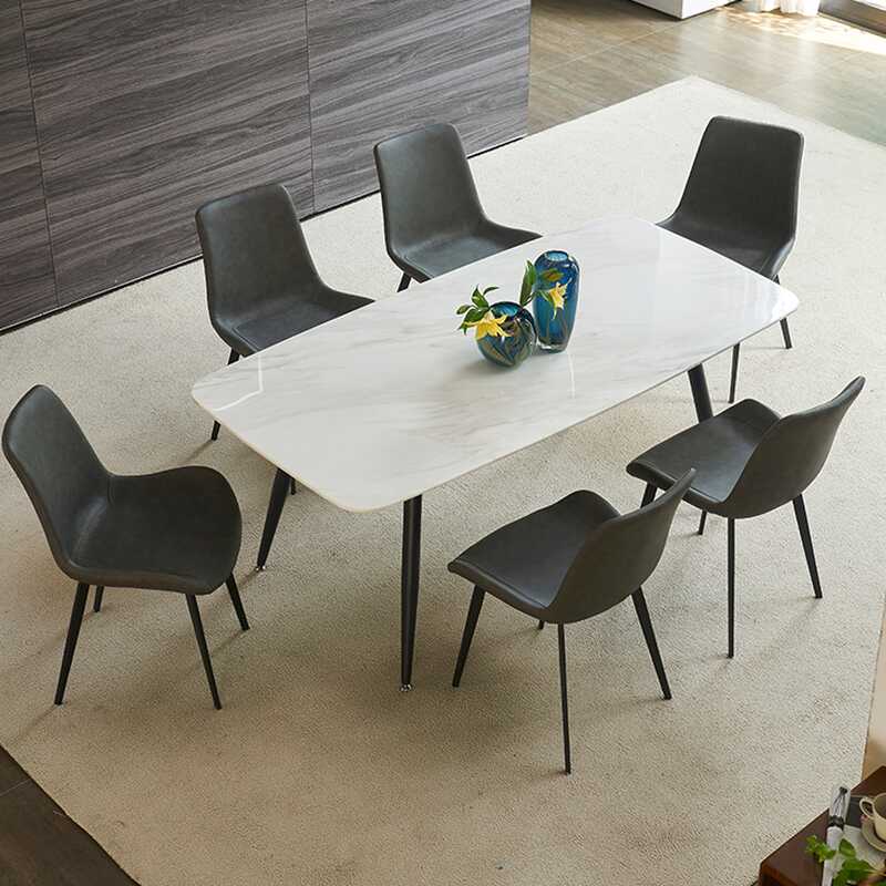 Rectangular Dining Table Set for 6 Chairs/for 4 with a White Marble Tabletop, Closed Back and Padded Chair in a Modern Style