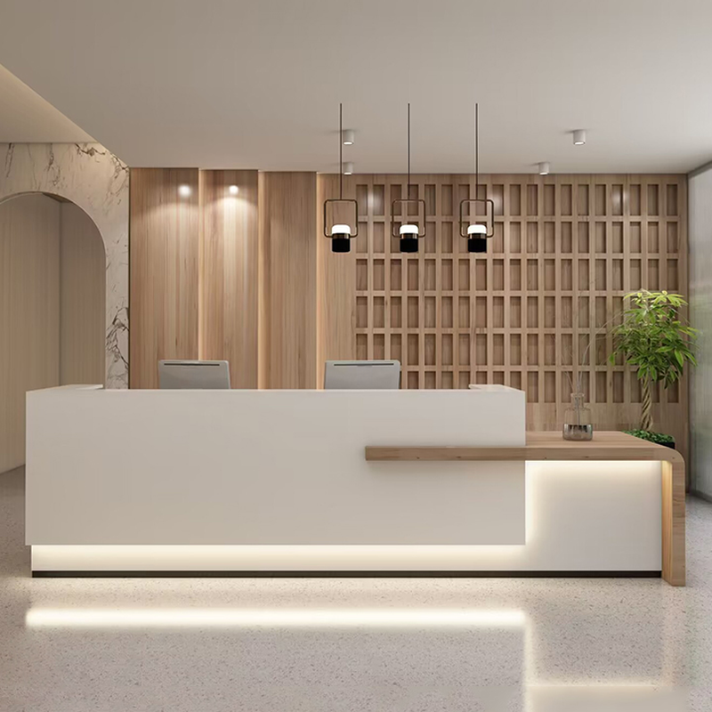 Natural Finish Manufactured Wood Top Reception Desk with Hutch, Keyboard Tray, and Cable Management