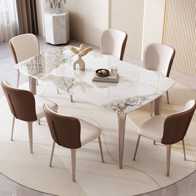 White Sintered Stone Dining Table Set for 6/4 Chairs with Upholstered Back Padded Chair & Fixed Table