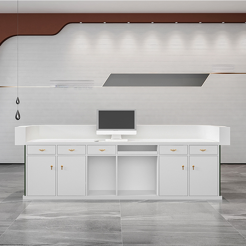 Rectangular Reception Desk with Cupboard, Keyboard Tray, and Manufactured Wood Top Filing Cabinet