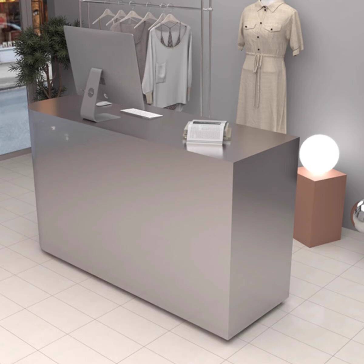 Industrial Stainless Steel Reception Desk with Stainless Steel Top, Filing Cabinet and Keyboard Tray, 2 Cabinets/1 Cabinet & Cable Management & Cupboard Included