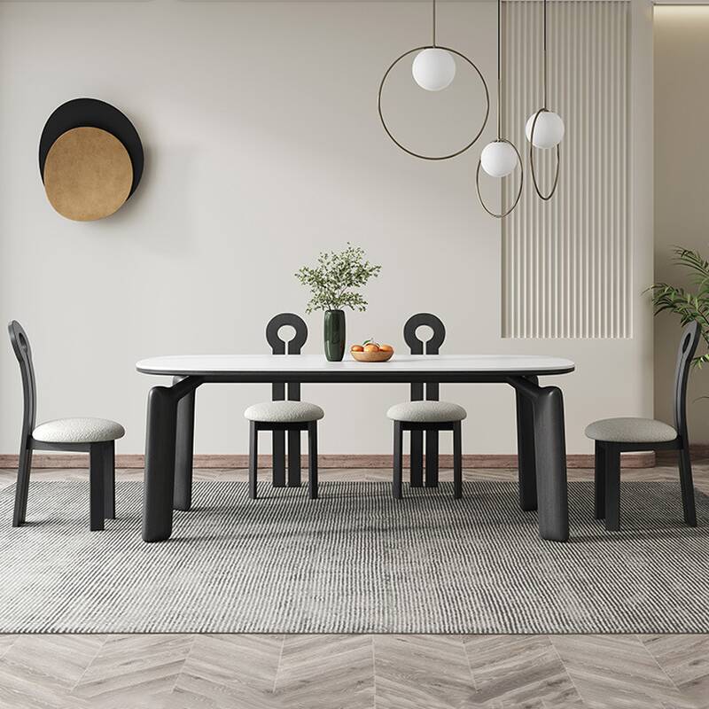 Sintered Stone Dining Table Set White Rectangular Dining Table for 6 with Low Back Upholstered Chair