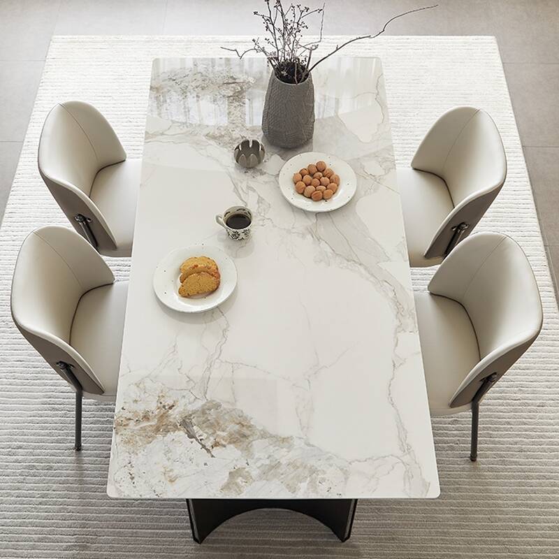 Slate Twin Support Dining Table Set with Upholstered Chairs, Back, for 6/4 People, White Top