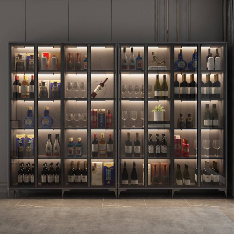 Midnight Black Metal Floor Above Fridge Cabinet with 2/1 Cabinets, 5/4 Shelves, Glass-panel Door, Lighting System