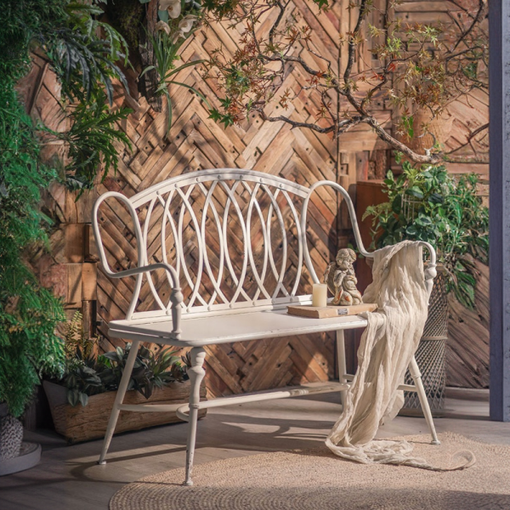 Modish White Iron Patio Bench with Curved Arm and Back, Sun-proof