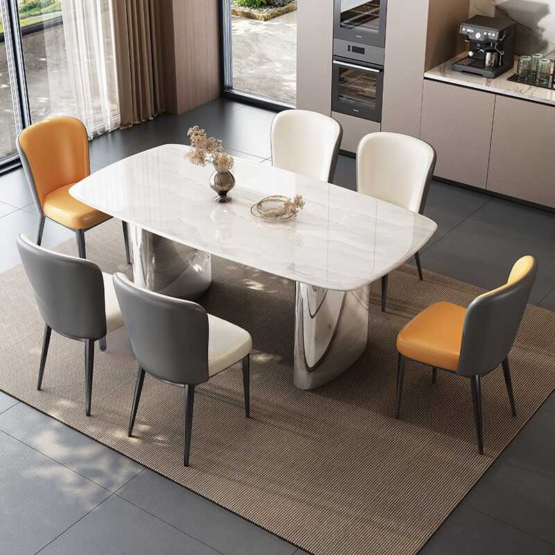 Slate Twin Support Dining Table Set with Cushion Chairs, Back, Seats 6, Chalk Colour