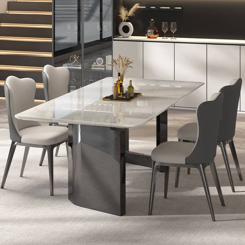 Chalk Stone Dining Table Set with Back Upholstered Chair & Twin Support Dining Table for 6/4 Chairs