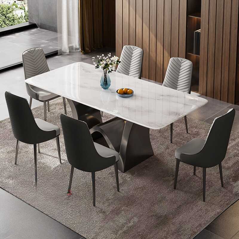 Simplistic Rectangle Slate Stone Dining Table Set with Structure Base, Chalk Colour