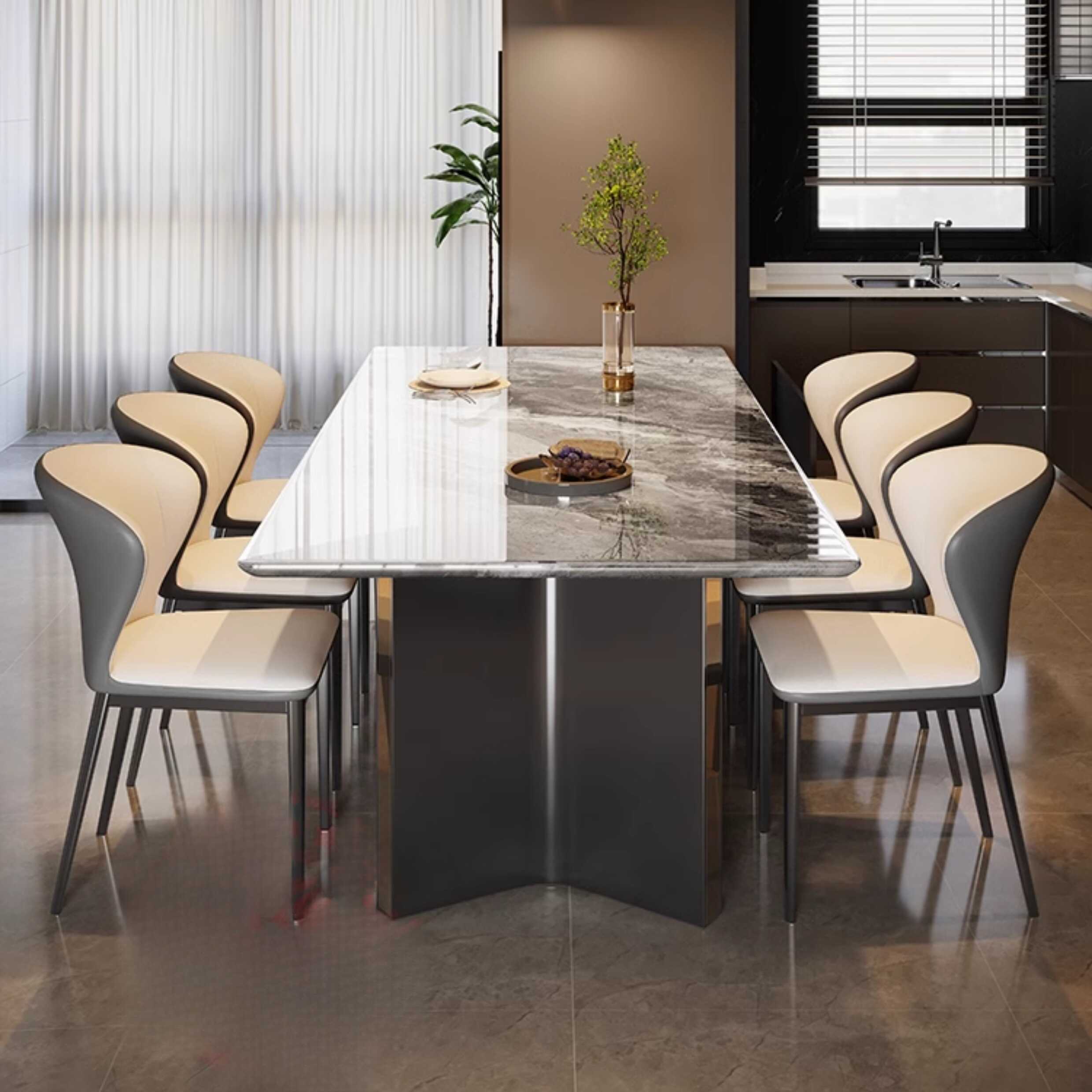 Simplistic Rectangle Slate Stone Dining Table Set with Twin Support Base, Multicolour Top